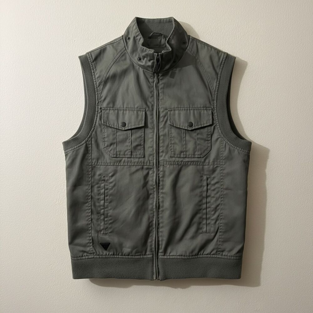 GUESS Men's Olive Green Zip Front Vest M Stand Collar Logo Patch